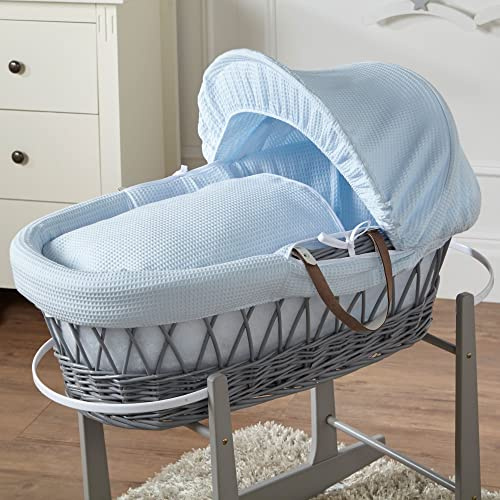 For Your Little One Blue Waffle Grey Wicker Baby Moses Basket With Mattress (Stand Not Included!)
