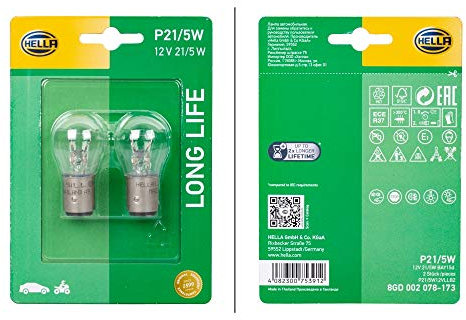 HELLA 8GD 002 078-173 Glühlampe - P21/5W - Long Life up to 3x longer lifetime - 12V - 5W - Sockelausführung: BAY15d - Blister - Menge: 2
