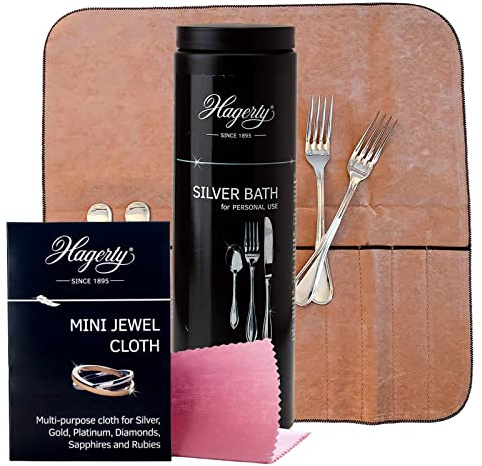 Hagerty Silver Bath Pulitore Posate in Argento 580ml + Silver Guard Cutlery Roll Astuccio Tessuto Antiossidante 12 Tasche per Forchette Argento 43,4x43cm + Mini Jewel Cloth Panno Pulente Gioielli