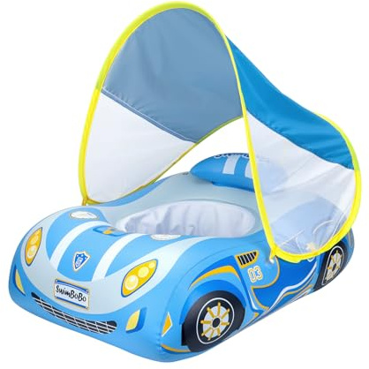 Galleggiante gonfiabile a forma di barca con animali, dotato di seggiolino, per bambini di 1-4 anni (auto sportiva blu)