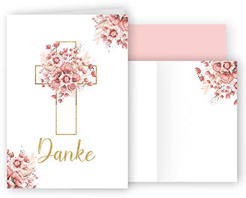 10x Danksagungskarten mit Umschlag Danke Dankeskarten Klappkarten Karten stilvoll kreuz Aquarell zart zur Taufe Kommunion Konfirmation Firmung Trauer Rosa Rosen Blüten Gold Mädchen