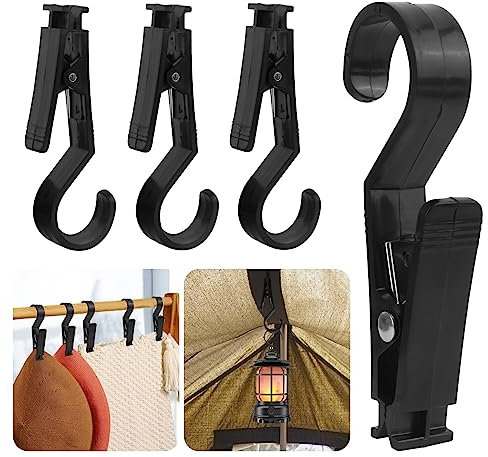 4 Stück Wäscheklammern Zeltclips Lichthaken Stiefelklammer Campingzelt Haken Outdoor- Handtücher Clips Geschirrtücher Multifunktion Klammerhaken für Campinglampe Wäsche aufhängen Trocknen Schwarz