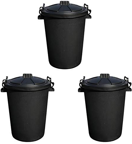 M1SS Set of 3 - Black - 50L Litre Bin with Lid Clip Locking Lid Heavy Duty Food Grade Plastic Weather Resistant for Outdoor Indoor Garbage Bin Trash Can Waste Dustbin Animal Feed Storage Container