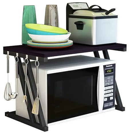 Supfine Étagère à micro-ondes à 2 niveaux avec 4 crochets, support pour micro-ondes, organiseur en acier au carbone pour grille-pain, friteuse à air chaud, cuisine (forme Z, noir)