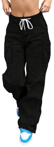 AprPith Mid Rise Cargo Jeans Women Elastic Waist Stretch Wide Leg Denim Pants with Pockets Baggy Streetwear Pants y2k Black