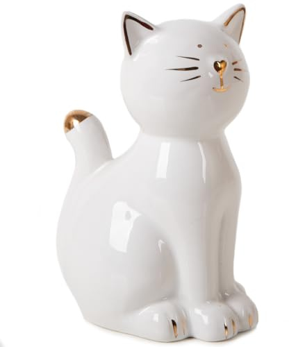 Figura Decorativa Gato de Porcelana para Colocar: Escultura Felina Elegante Blanco Dorado, decoración Gatos hogar para estantería y Mesa, Regalo pequeño para Amantes de los Gatos, 13,5 x 10 cm