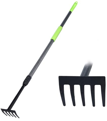 KLDOLLAR Hand Rake, Adjustable Handle Garden Small Rake Garden Tool, Heavy Duty Hand Tiller Cultivator with Soft Foam Grip, Mini Rakes for Weeding Tilling Soil Loosing Planting