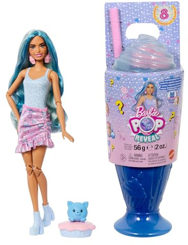 Barbie Pop Reveal Colección Dulces Muñeca de Moda y Accesorios, temática de Cool Cupcake, Mascota y 8 sorpresas, Incluye Cambio de Color, JFY61