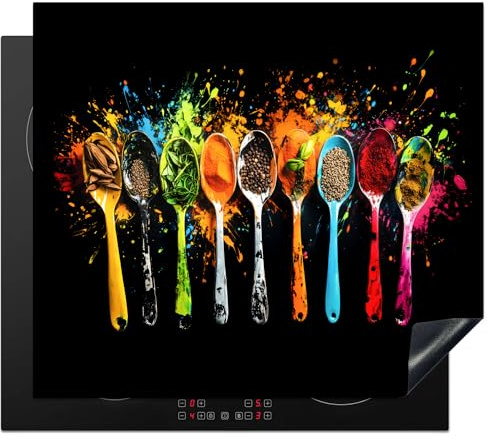 KitchenYeah© Protege Plaque Induction 58x51 cm Decoration Cuisine Tapis de Protection Pour Plan De Travail Cuisson Protégé Cuillères - Épices - Modern - Graffiti - Coloré