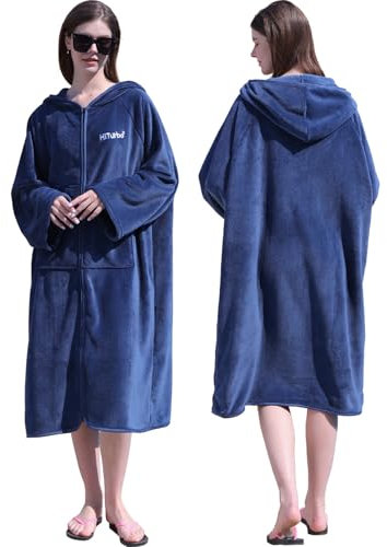 Hiturbo Surf Poncho mit Reißverschluss, Kapuzenpullover, übergroßer Kapuzenmantel mit Tasche, Fleece-Bademode für Zuhause, Strand, Bad, Marineblau