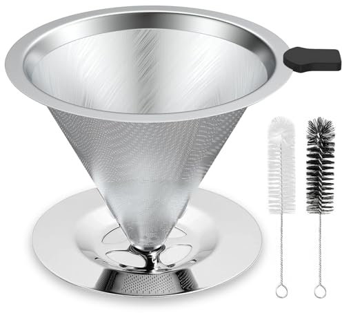 Pour Over Coffee Filter, Stainless Steel Pour Over Coffee Dripper Reusable Filter Paperless Cone Coffee Maker Dripper Coffee Filter Cup with Holders and Cleaning Brush, Easy to Clean
