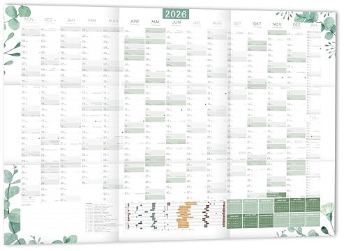 XXL Wandkalender 2026 Jahresplaner Eukalyptus quer DIN A1+ 89x63 cm Wandplaner 2026 quer GEFALZT Querformat Poster gefaltet Jahreskalender 2026 Plakatkalender 16 Monate November 2025 - Februar 2026