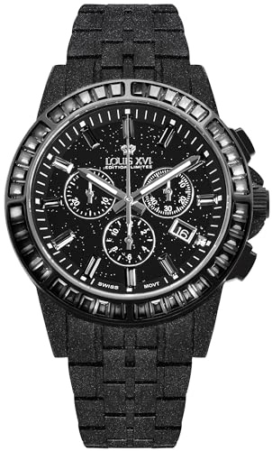 LOUIS XVI Majesté Frosted Iced Out 1184 – Ø 43 mm – herrklocka – vattentät – med safirglas – armband svart – CZ-diamanter svart – schweizisk kvartsrörelse, svart