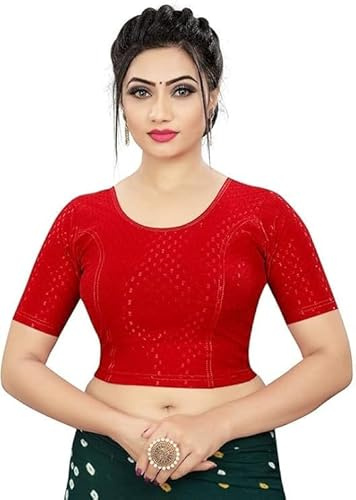 Accessorize Kingdom Round Neck Dobby Cotton Lycra Stretchable Elbow Sleeve Readymade Saree Blouse for Women Stylish (Free Size)
