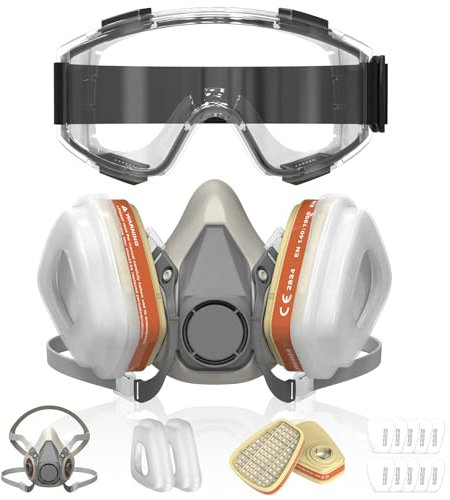 MONOJOY Masque De Protection A1P2, Avec Lunettes De Sécurité Et 10 Filtres, Pour Peinture, Résine Époxy, Bricolage, Ponçage, Soudage, Anti Poussière Et Gaz