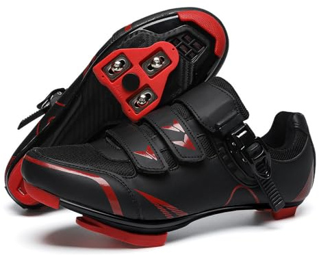 Treer Cycling Shoes Mens, Road Bikes Mountain Bikes Cycle Trainers Shoes with Look SPD Cleats Men Spin Bike Indoor Outdoor, 6.5 UK-11 UK (Black-Red,9)
