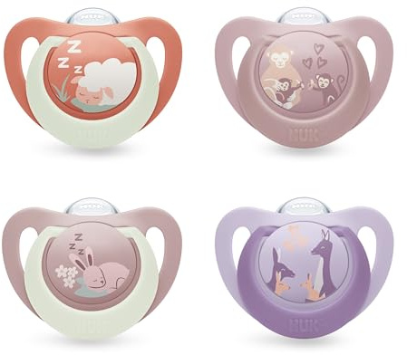 NUK First Choice Day & Night Chupete para bebé | 18-36 meses | Chupetes ortodónticos que brillan en la oscuridad | Calma al 99% de los bebés** | Surtido | 4 unidades