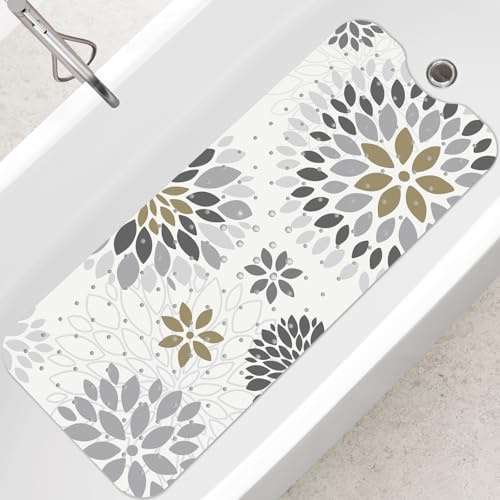 SHUCHING Alfombra Bañera Antideslizante para Adultos, Alfombrilla Antideslizante Ducha, Resistente al Moho y Lavable a Máquina Sin BPA, Flores Grises