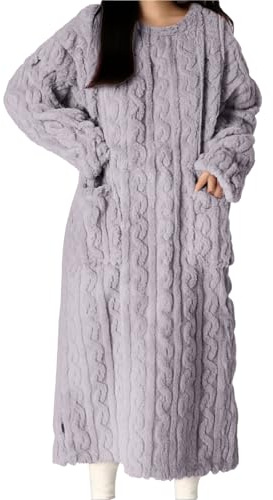 Långärmad husklänning för kvinnor med fickor – långärmad fleece vinter nattlinne – nattklänningar plusstorlek vinterrock pyjamas med fickor plysch myskläder vinter morgonklänning, Lila, L