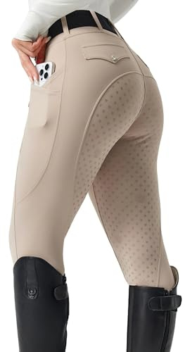 FitsT4 Sports Women's Horse Riding Pants Full Seat Equestrian Breeches High Waist Horseback Riding Tights with Pockets Apricot Medium