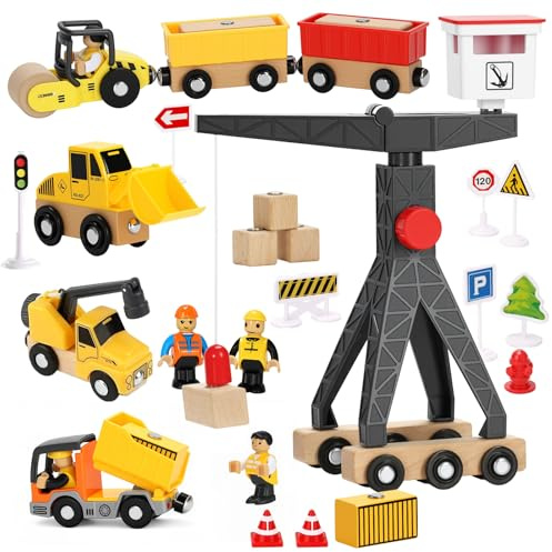 Giochi Bambini 3 Anni Veicoli Da Cantiere Giocattolo in Legno,Gru Giocattolo per Bambini con Gru a Torre Scavatore Autocarro con Cassone Ribaltabile Rullo Compressore,Regalo Bimbo 3Anni Maschio