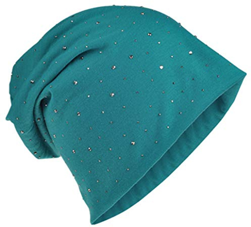 Miobo slokande beanie/lång mössa av jerseytyg med eleganta strassstjärnor/nitapplikationer, unisex, enfärgad trendig mössa för män och kvinnor, bensin, En Storlek