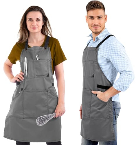Under NY Sky Essential Armor Gray Apron – Cross-Back with Durable Twill and Leather Reinforcement – Adjustable for Men and Women – Pro Chef, Tattoo Artist, Baker, Barista, Bartender, Server Aprons