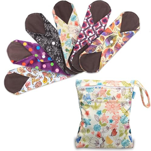 Teamoy 11.6 Reusable Washable Sanitary Pads, 6Pcs Cloth Menstrual Napkins Pads with Wet Bag, Feminine Menstrual Fit for Heavy Flow or Overnight Use, Mix Pattern