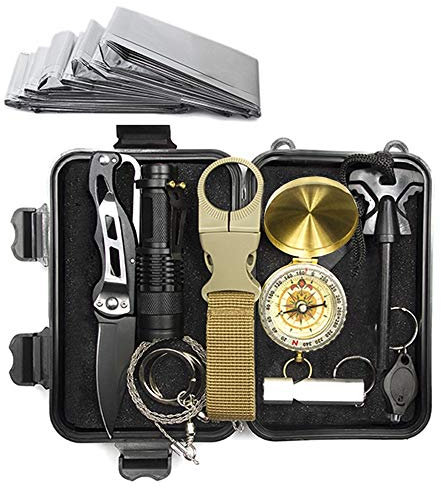 Lixada Kit de Survie d'urgence, 10 en 1 Multifunctional Survival Kit de Survie et de Secours en Plein air Multi-Outils extérieur Fournitures de Premiers Soins pour Le Camping Randonnée Chasse Pêche