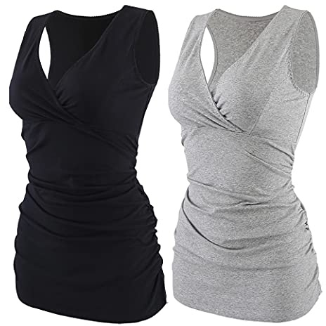 COLOMI maternità Allattamento Canotta Abbigliamento Premaman Top Sleep Reggiseno per L'Allattamento al Seno (Black+Grey/2Pack, L)