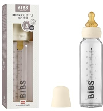 BIBS Baby Glass Bottle. Anti-Colic. Round Natural Rubber Latex Teat. Supports Natural Breastfeeding, Complete Set - 225 ml, Ivory