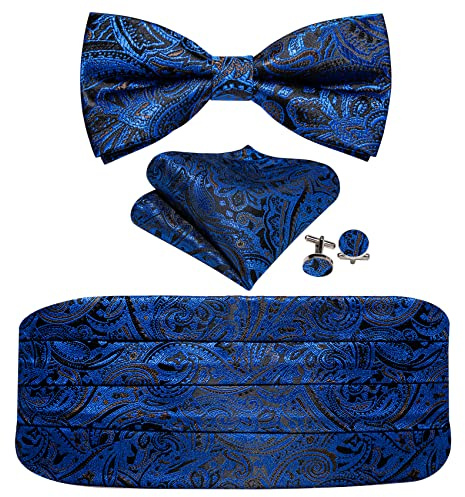 Barry.Wang Men Silk Paisley Cummerbund and Pre-tied Bowtie Handkerchief Cufflink Set for Tuxedo
