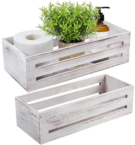 LotFancy Bathroom Decor Box, 2 Pack Wooden Toilet Paper Holder, White Toilet Storage Basket for Back of Toilet, Farmhouse Toilet Tank Topper