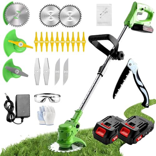Desbrozadora Batería, Desbrozadora Electrica con Cuchilla, Cortabordes Bateria con 2 Baterías de Iitio de 21V, Longitud Ajustable, Adecuado para Céspedes Y Jardines Pequeños Y Medianos, Cortadora