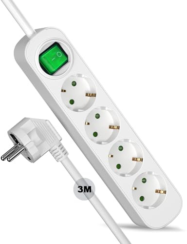𝟒 𝐅𝐚𝐜𝐡 Steckdose mit 𝟑𝐌 Verlängerungskabel, Maiyle Mehrfachsteckdose mit Schalter, hitzebeständig, Steckdosen Kindersicherung, weiß