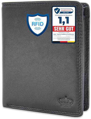 Baur Herren Geldbörse – Echtes Leder mit RFID-Schutz – Großes Portemonnaie im Hochformat aus Nappa-Leder mit 8 Kartenfächern – Großes Münzfach (Hochformat mit Druckknopf innen, Schwarz)