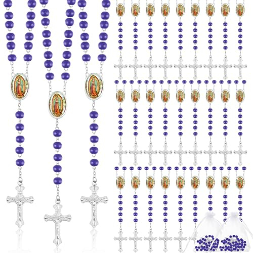 Taiyin 36 Pcs Wooden Bead Rosary Necklace with Crucifix and Our Lady of Guadalupe Scented First Communion Rosary with 36 Organza Bags Baptism Favors Catholic Gift for Men Women (Purple)