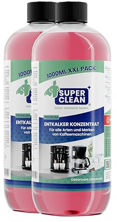 SUPER CLEAN 2 x 1L Entkalker Konzentrat Kaffeevollautomat - Flüssig - Für alle Maschinen & Marken - 20 x Entkalkung - Effektiver Flüssigentkalker von Kaffeemaschinen, Wasserkocher & Duschen