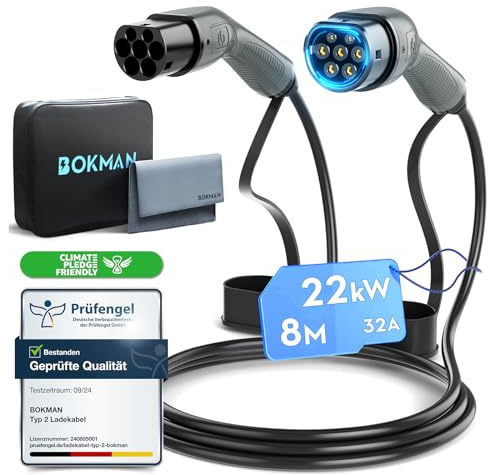 bokman Cavo Tipo 2, modalità 3 / 32A / 22 KW / 3 Fase / 8 Metri, Cavo Ricarica Auto Elettrica Tipo 2 con Borsa per Il Trasporto e Asciugamano in Microfibra