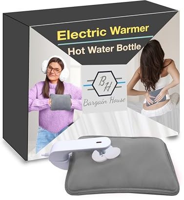 Bargain House Rechargeable Electric Hot Water Bottle with Cover, Portable Heating Pad for Pain Relief Cramps and Sore Muscles, Bed Hand Warmer Pouch Gift, Auto-Shut Off Function, Grey