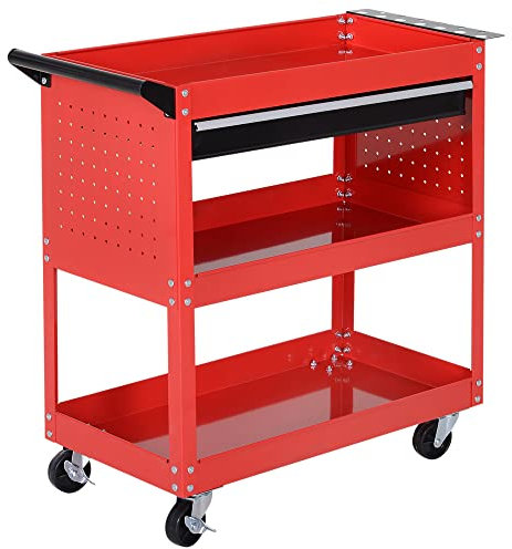HOMCOM Carro de Taller, Carro de Herramientas con 3 Niveles, Carro de Transporte con cajón, Carro de Montaje para Garaje, almacén, Carga máx. 60 kg, Rojo