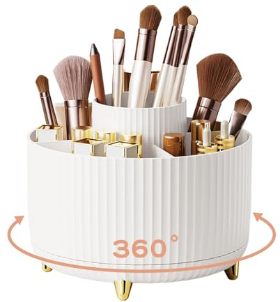 360°Rotating Pen Holder, Desk Organisers with 5 Compartments Pencil Organizer, Art Supply Storage Box Caddy for Home Office Supplies Desktop Tidying and Stationary Storage（White）