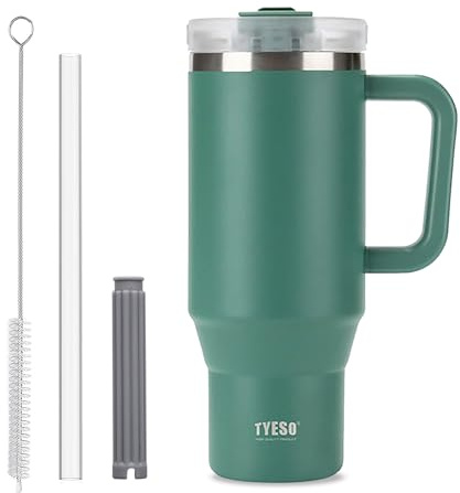 Kaffekuppen resemugg med handtag, 40 oz tumbler med låsbart lock, vakuumisisolerad vattenflaska i rostfritt stål med halm, läcksäker och bärbar resemugg för varma och kalla drycker (gran - grön)