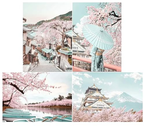 SHEGZHUC Confezione da 4 decorazioni per pittura con diamanti giapponesi, fiori di ciliegio, montagne Fuji, laghi, ciliegio, geisha giapponese, barca, vicolo, 30 x 40 cm, decorazione da parete con