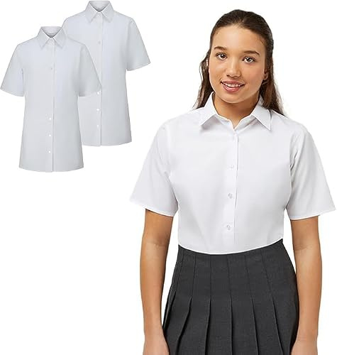Trutex Basics Girls White School Shirts, Multipack – Short Sleeve Revere Collar Easy Iron Cotton-Rich Regular Fit School Blouses (2 Pack)