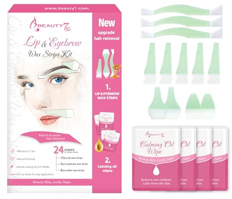 Bandas de Cera Fría Depilatoria Facial, Tiras de Cera para Labios y Cejas en Casa, Pack de 24 Tiras con 4 Toallitas Calmantes Beauty7
