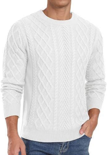 QIXING Maglione da uomo con motivo a treccia, girocollo, a maniche lunghe, spesso, motivo pescatore, strutturato, morbido, lavorato a maglia, C bianco., L