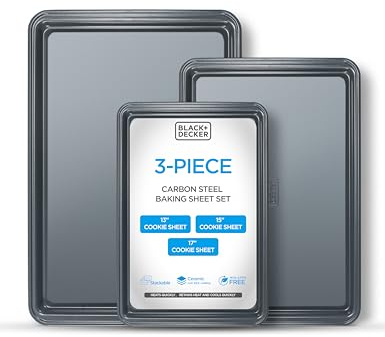 BLACK+DECKER 3-Piece Carbon Steel Baking Sheet Set, Includes 13”, 15”, 17” Cookie Sheets for Baking, 0.4mm Carbon Steel Baking Pans Set with Ceramic Non-Stick Coating, PFOA & PTFE Free, Black Finish