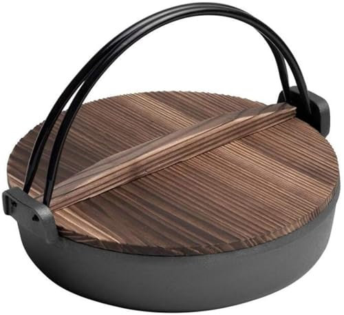Poêle en fonte, Sukiyaki Nabe avec couvercle en bois, marmite épaisse Sukiyaki japonaise en fonte, poêle antiadhésive, pour servir des nouilles, Shabu Shabu