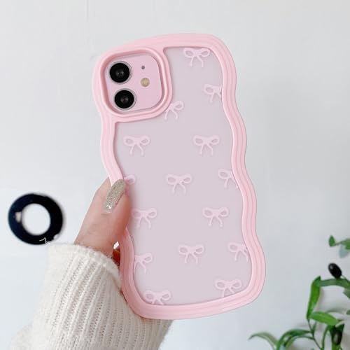QLTYPRI Rosettfodral för iPhone 11, Klart Qulligt Telefonfodral med Rosett och Lockigt Vagigt, Mjukt TPU Fodral med Stötsäkert Skyddande Skalför Kvinnor Flickor - Rosa
